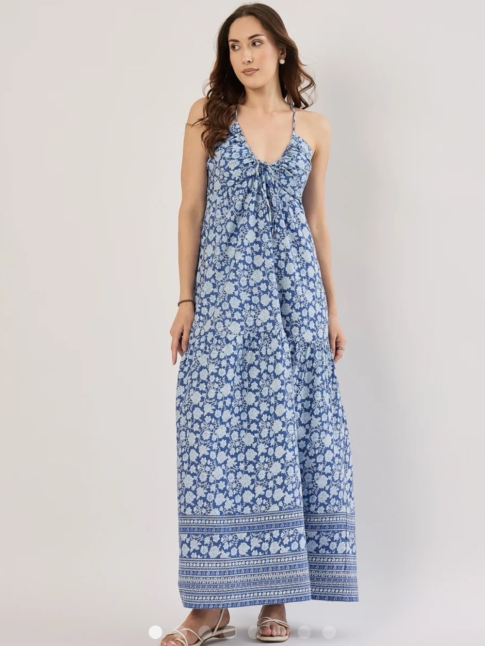 Sim & Sam Linen Blue Floral Maxi Dress with Tie Front Size L